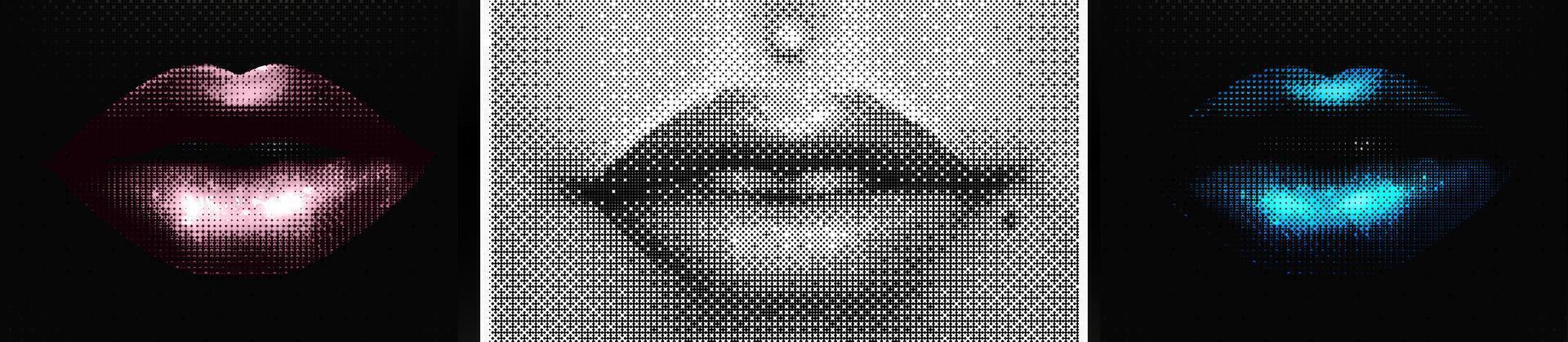 Collection lips retro halftone on the black background. Female lips in style modern dotted pop art style. Realistic crazy women lips. vector