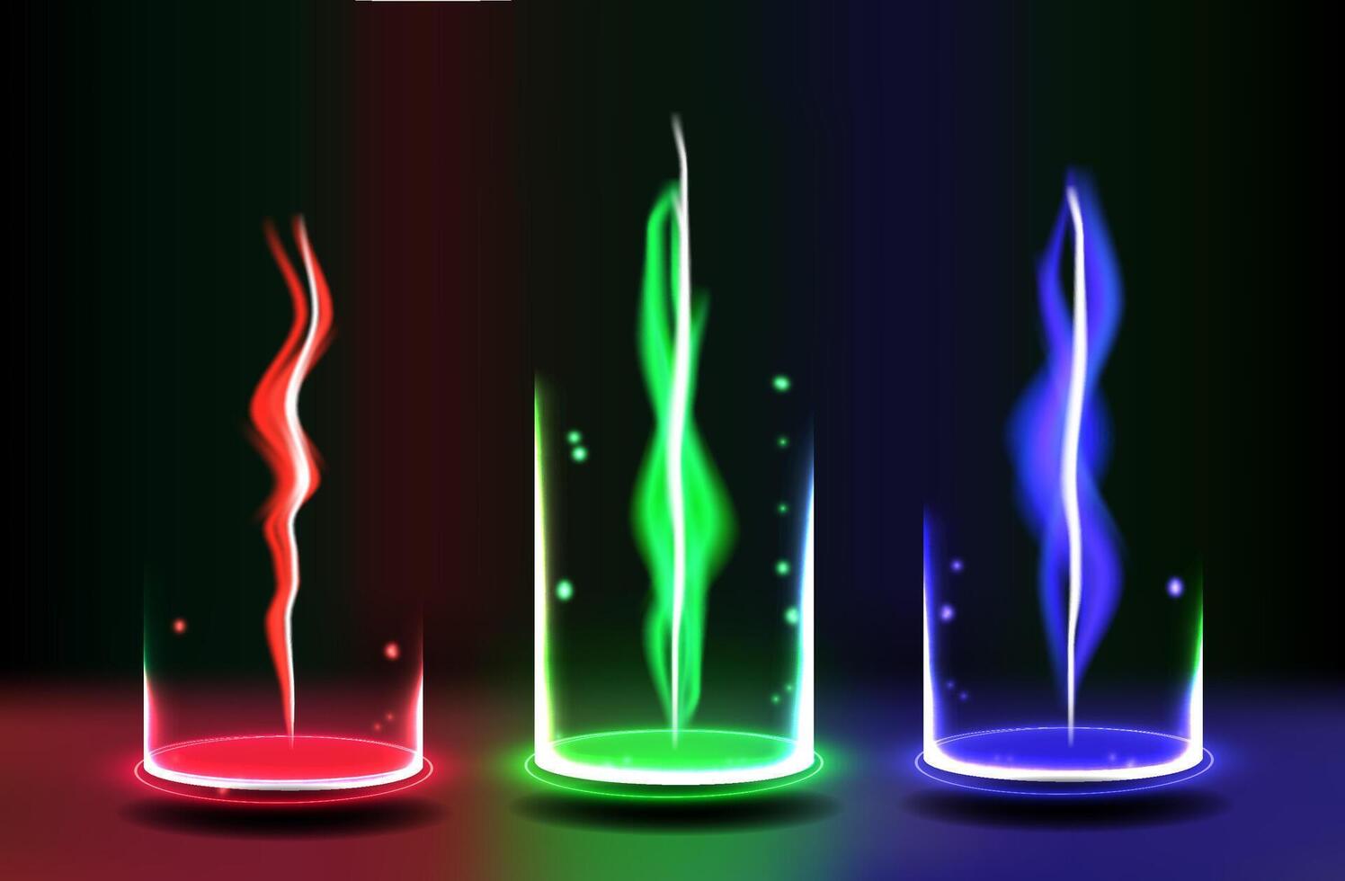 Three glass cylinders display vibrant light trails of red, green, and blue amidst a dark backdrop, creating an intriguing visual effect at night vector