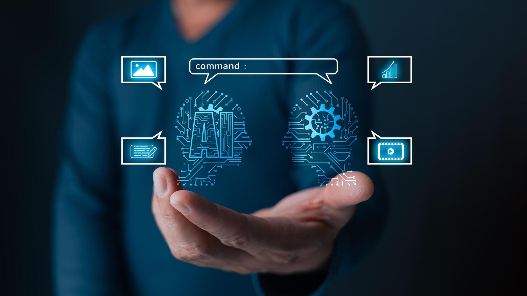 AI auto chat bot generate content concept creation.Digital Artificial Intelligence technology,education,research,analyze media streaming content.online marketing strategy to grow business. photo