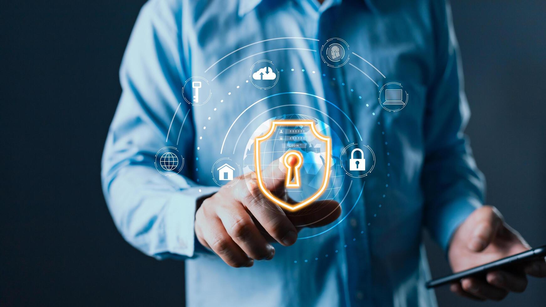 The glow shield represents the effort to secure cyber environment,protect sensitive data, and ensure safety from threat,emphasizing the importance of robust cybersecurity solutions in the digital age. photo