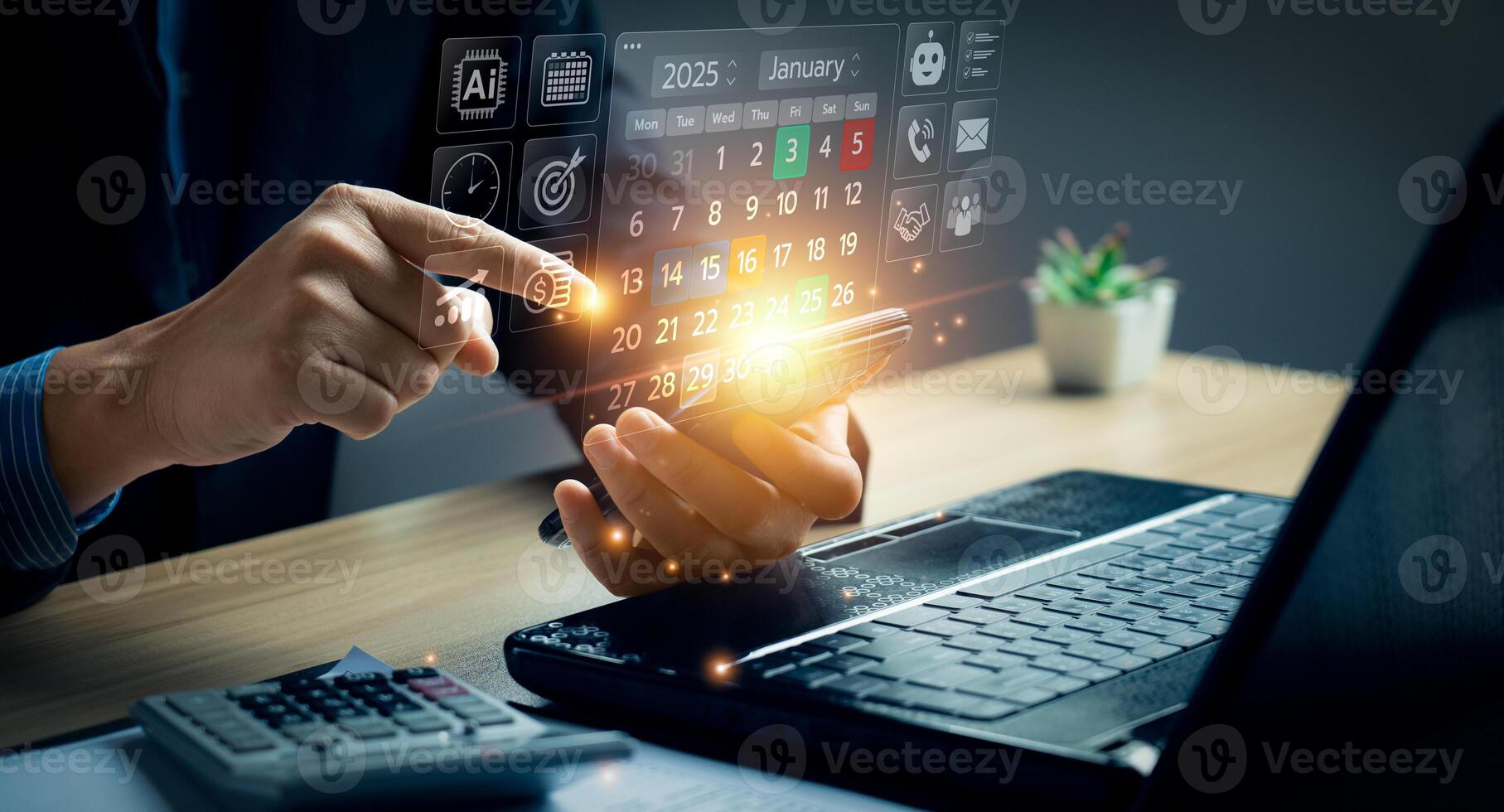 Smart AI calendar scheduling and business planning interface on mobile device, futuristic digital agenda with task management and time organization, artificial intelligence technology for productivity photo