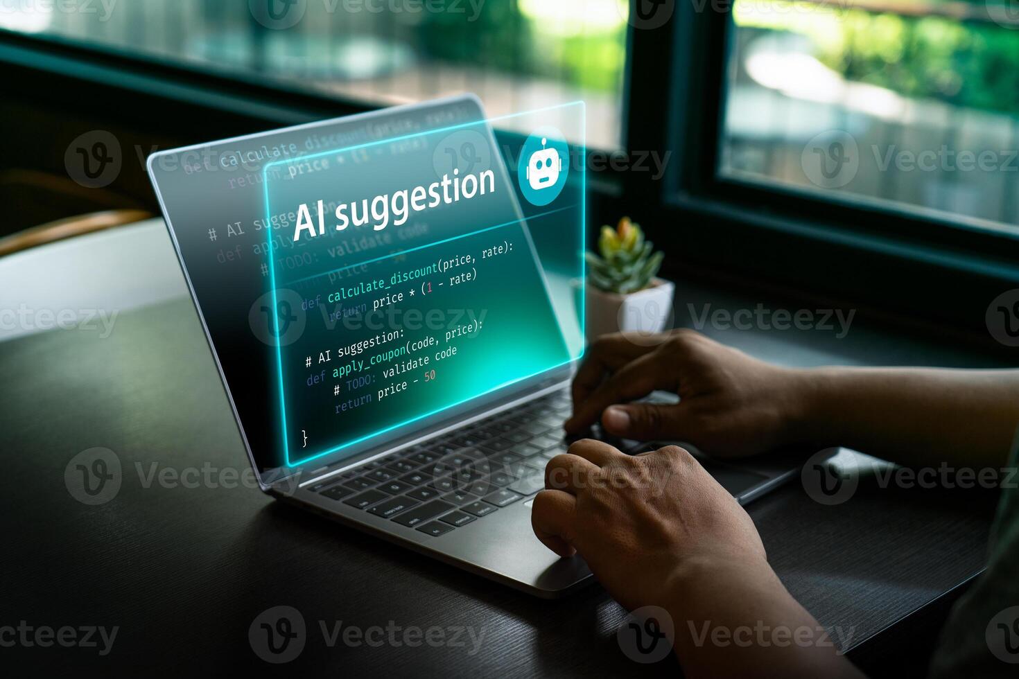 Developer using AI code suggestion tool on laptop, glowing futuristic interface, showcasing artificial intelligence assistance in software development, automation for efficient programming workflow. photo