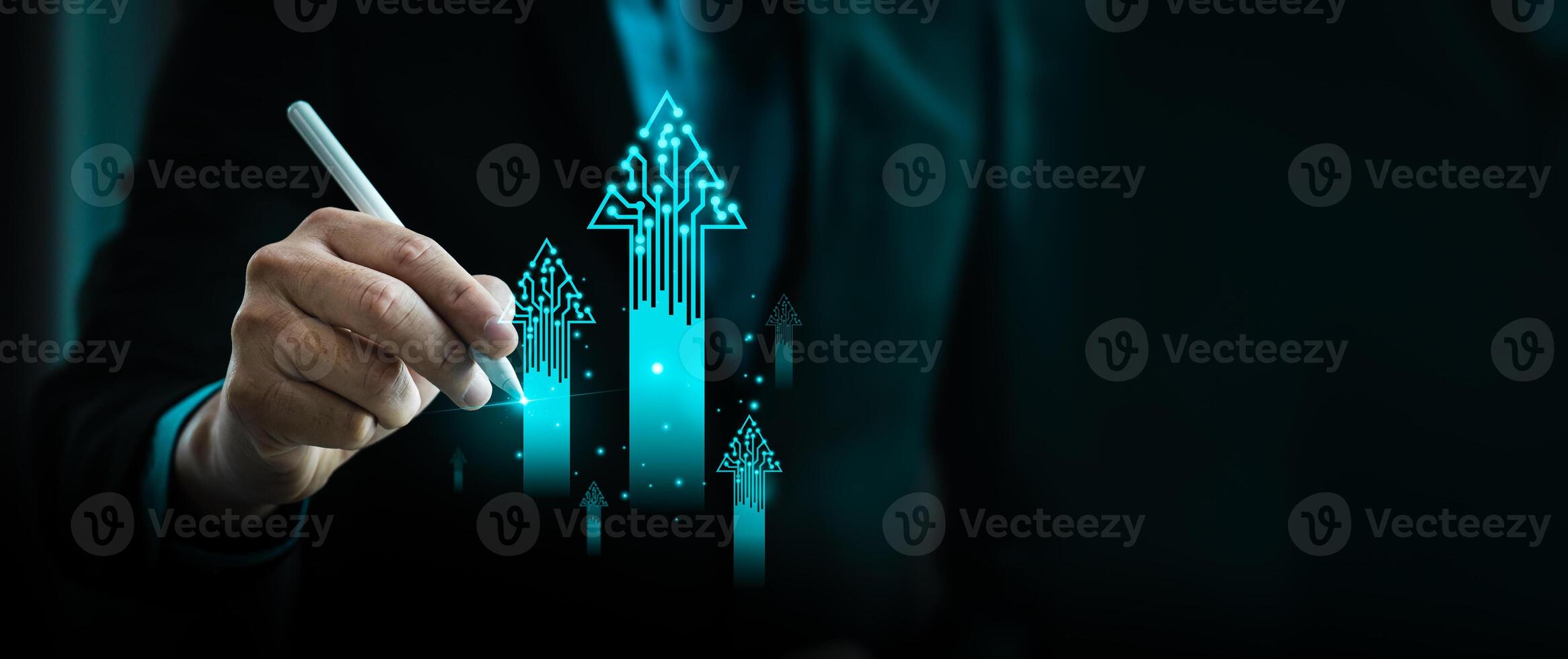 Businessman using digital pen to create futuristic virtual arrows symbolizing technology growth, digital transformation, innovation success, and leadership in virtual data driven economy photo