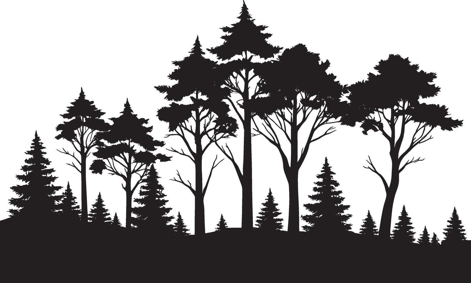 Black and white silhouette of a dense forest. A striking silhouette of various trees, likely pine and fir, creates a peaceful and natural scene. vector