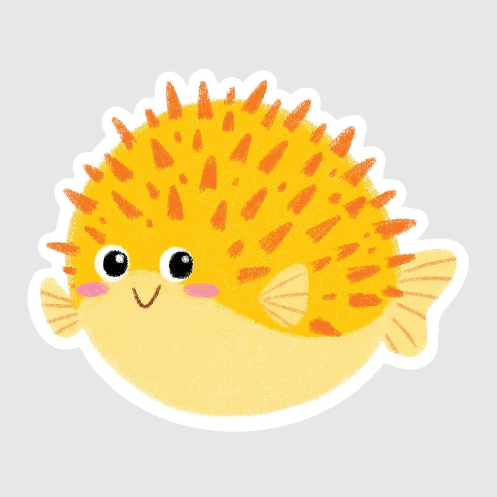 Pufferfish Cute sea animals in crayon style for stickers, icons, logos, etc. vector