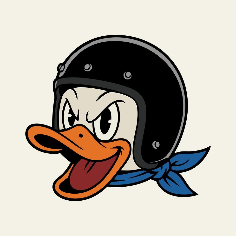 Aggressive Cartoon Duck Rider with Vintage Helmet and Blue Bandana vector
