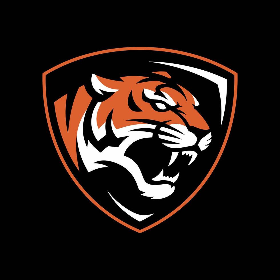 Ferocious Tiger Head Roaring Mascot Logo within a Shield Emblem vector