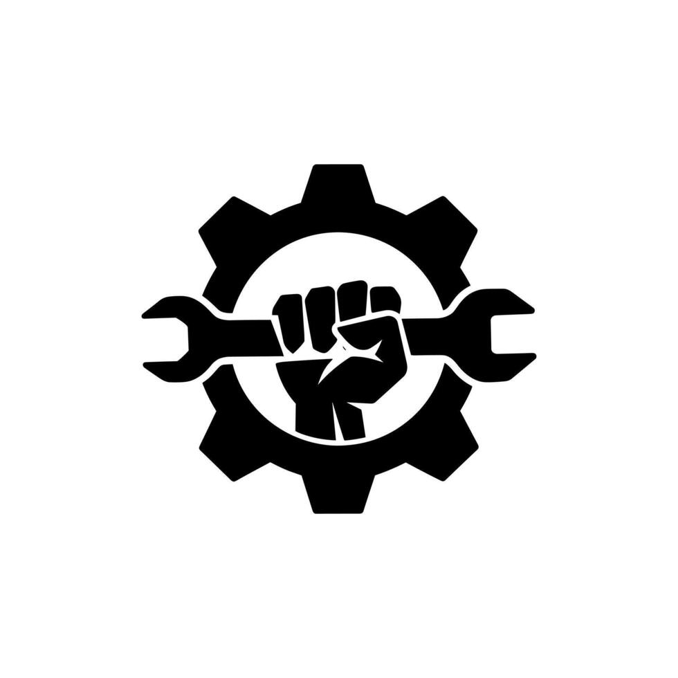 Powerful Fist Holding Wrench Inside Industrial Gear - Maintenance, Engineering, and Repair Service Emblem vector