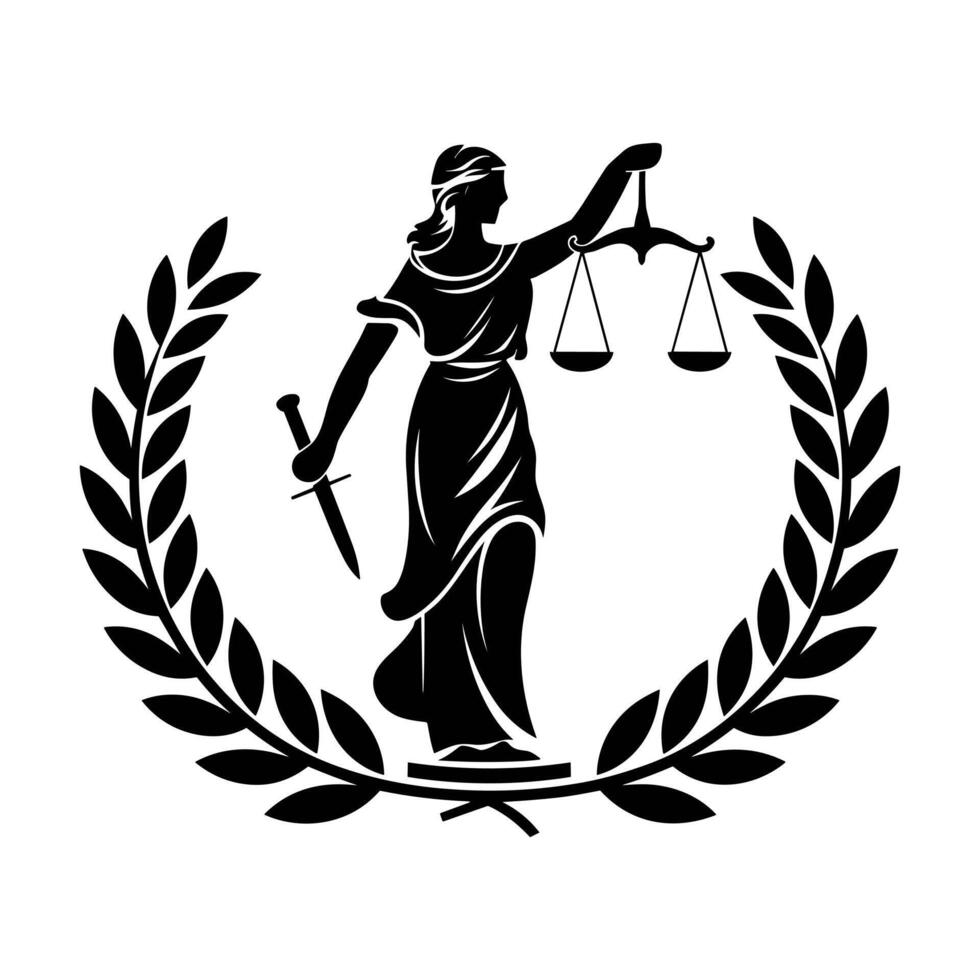 Classic Lady Justice Silhouette with Scales and Sword in a Laurel Wreath vector
