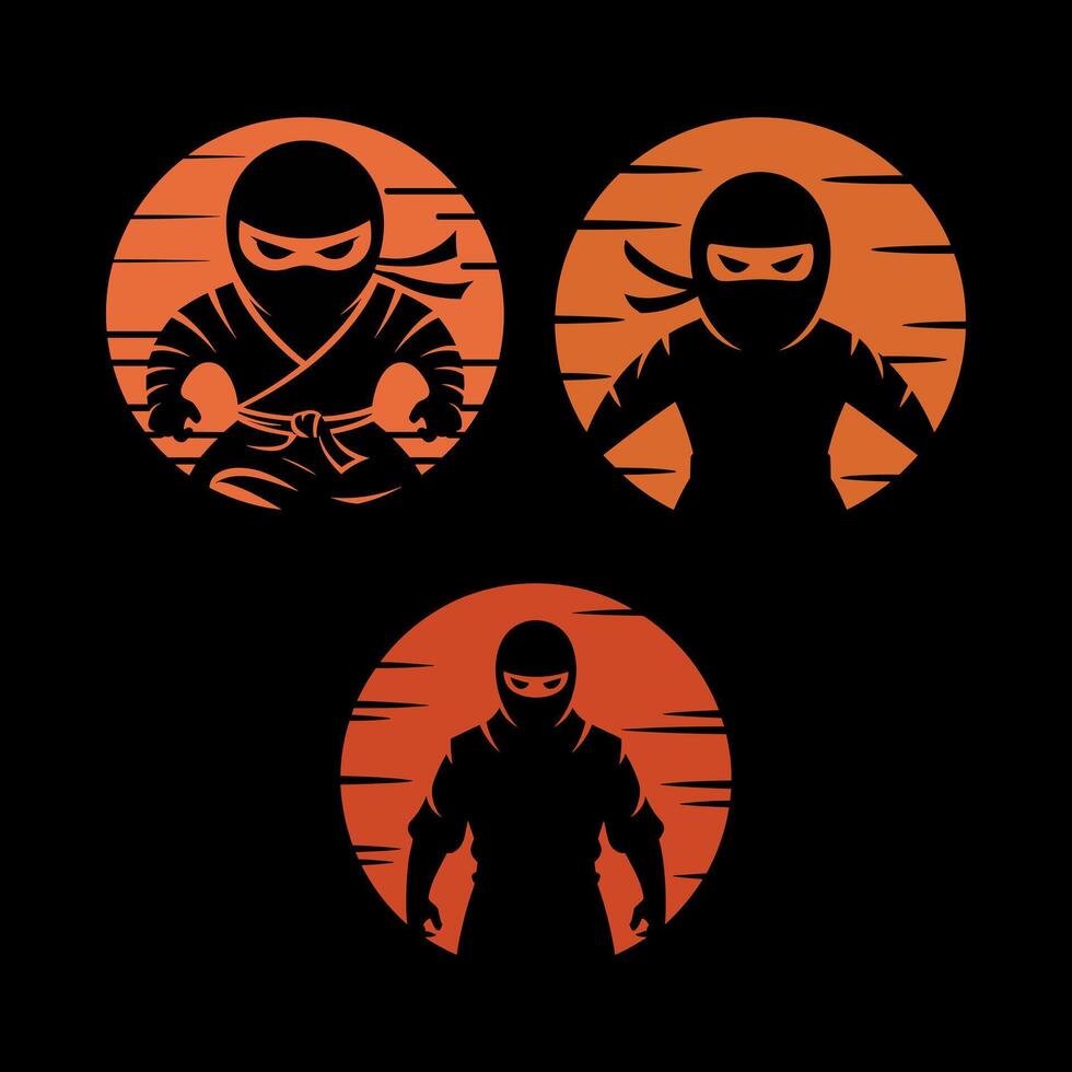 Set of Three Stylized Ninja Silhouettes in Orange Circles with Sunset Effect vector