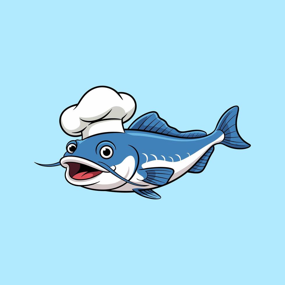 Cartoon Blue Catfish Wearing a Chef Hat on a Light Blue Background vector