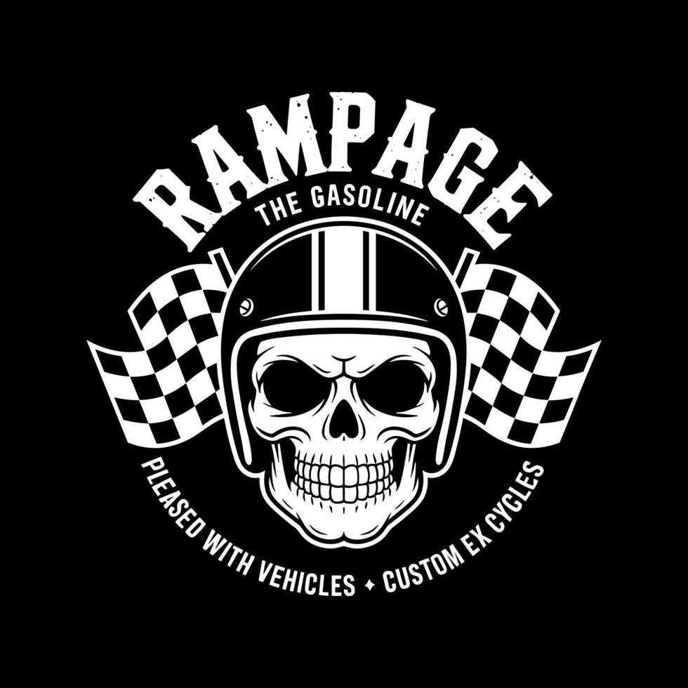 Vintage Black and White Skull in Motorcycle Helmet with Racing Flags vector