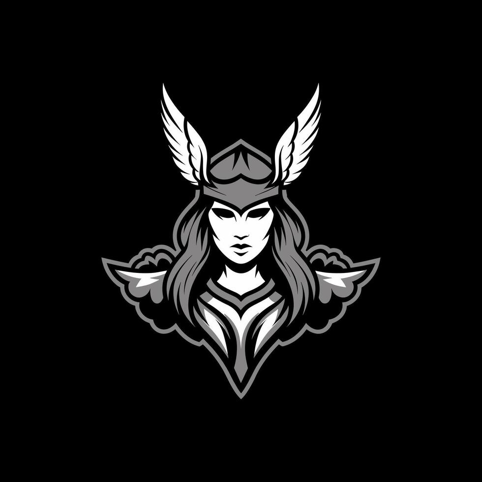 Strong Valkyrie Woman Warrior Mascot Logo in Gray Scale with Winged Helmet vector
