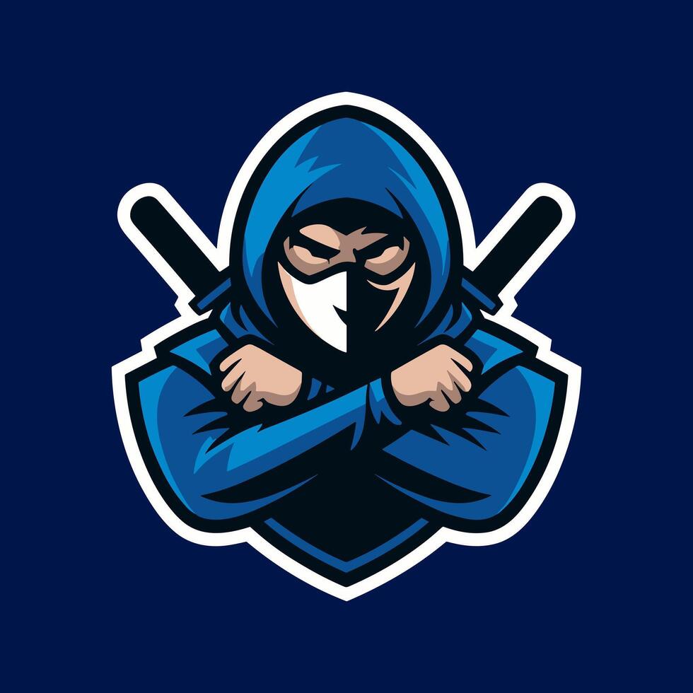 Powerful Blue Ninja Assassin Mascot with Crossed Swords and Hood vector