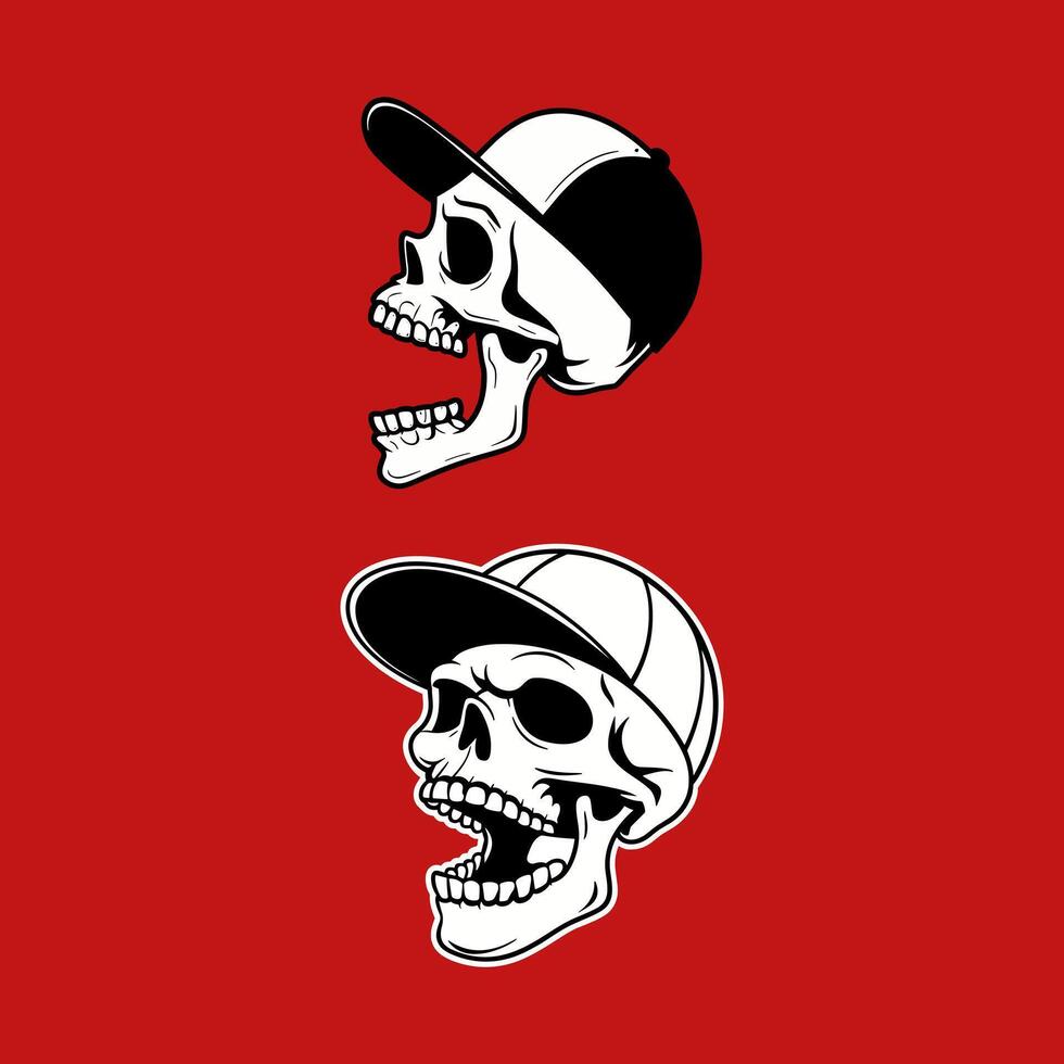 Two Cartoon Skulls Wearing Baseball Caps with Open Mouths on a Red Background vector