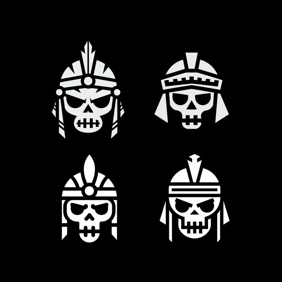 A Quartet of Stylized Skull Heads in White, Adorned with Ancient or Tribal Helmets and Headpieces, Against a Solid Black Background vector