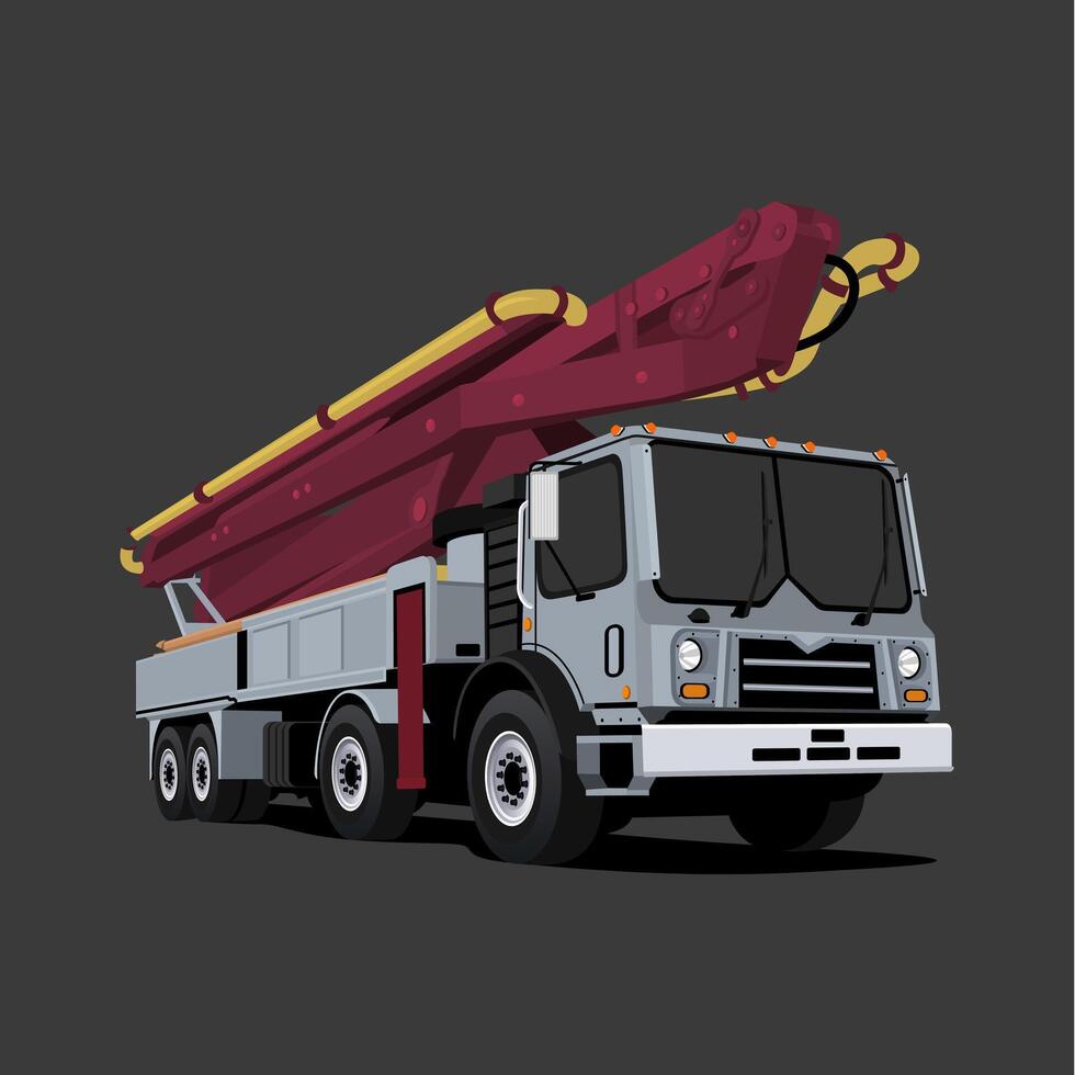 Grey Concrete Pump Truck with Red Boom and Yellow Hoses for Construction vector