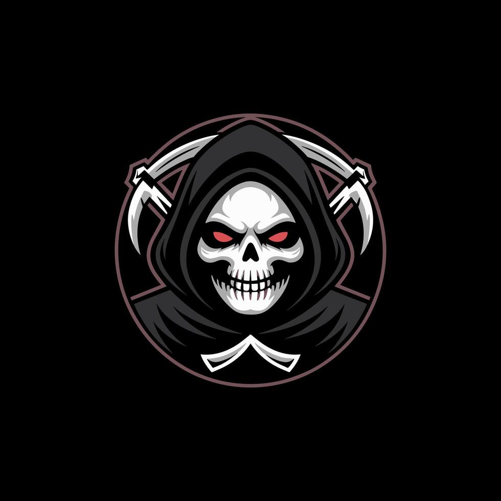 Encircled Grim Reaper with Red Eyes and Crossed Scythes - Ominous Emblem of Mortality and the Supernatural vector