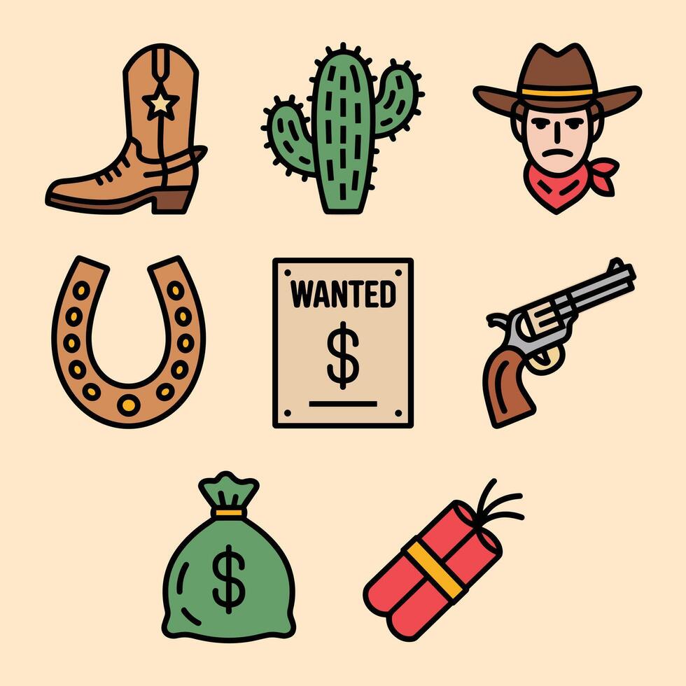 Western icons including boots, cactus, and gun vector