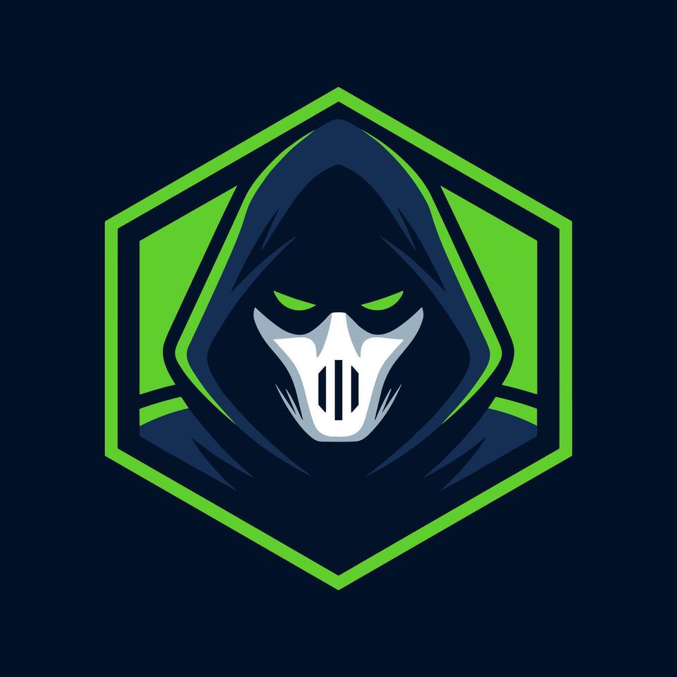 Mysterious Hooded Figure Esport Mascot Logo with Mask and Glowing Eyes in Hexagon Frame vector