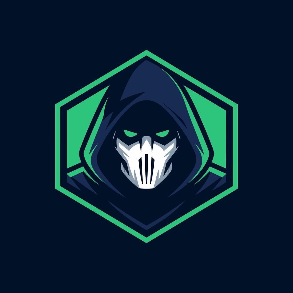 Dark Hooded Figure Esport Mascot Logo with Mask and Glowing Eyes in Hexagonal Frame vector