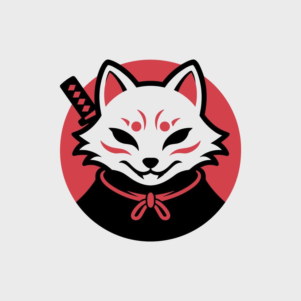 Japanese Kitsune Fox Mask with Katana and Red Circle Background vector