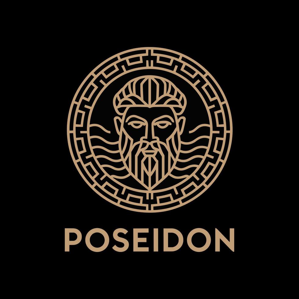Brown Outline of Poseidon's Head in a Circular Geometric Frame vector