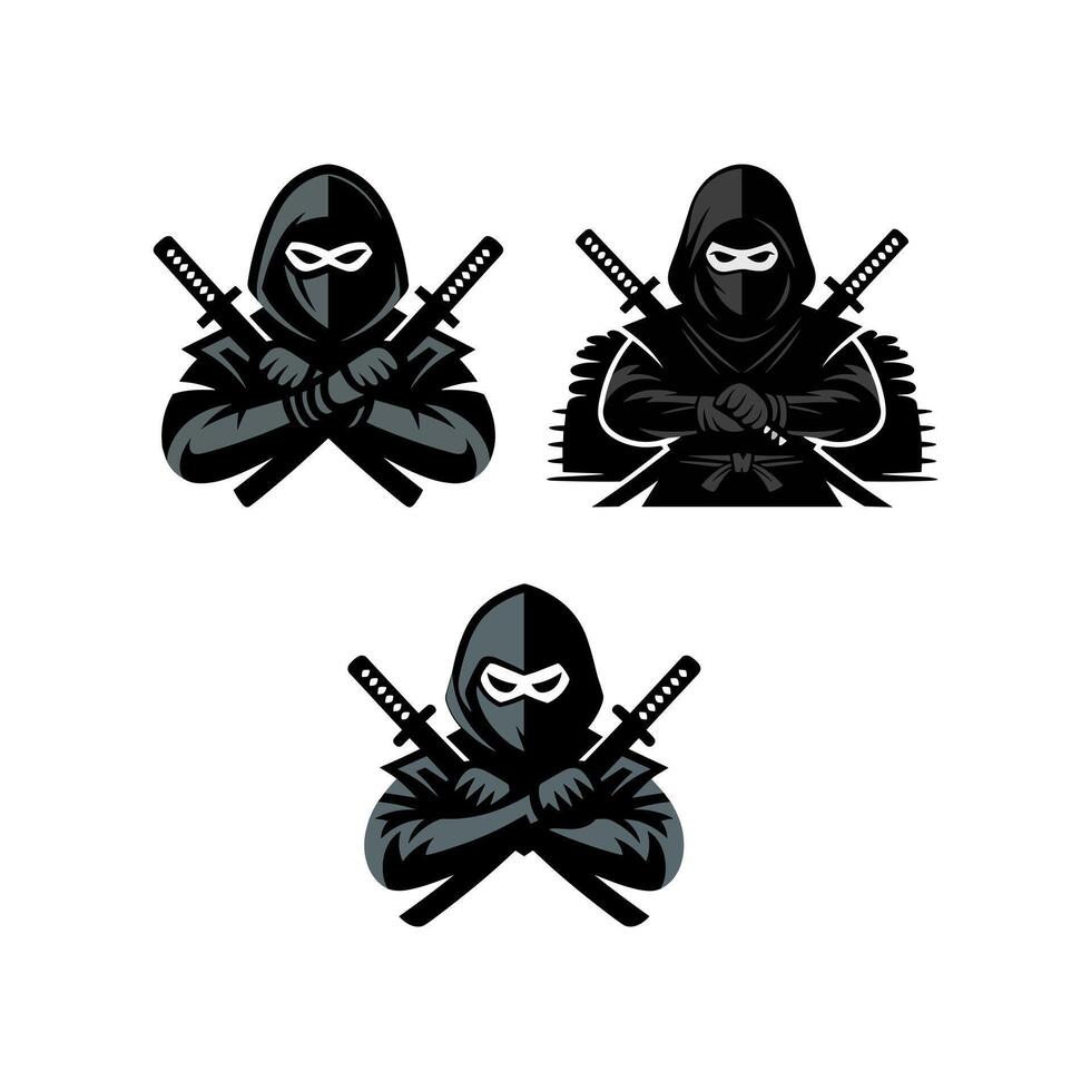 Set of Ninja Assassin Mascot Logos with Crossed Katanas and Hooded Figures vector