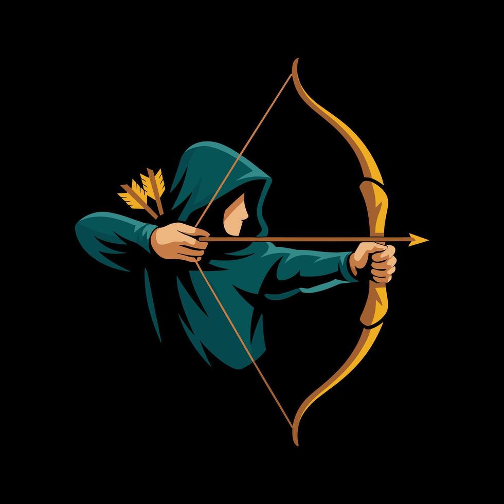 Hooded Archer Character with Bow and Arrow in Shooting Pose on Black Background vector