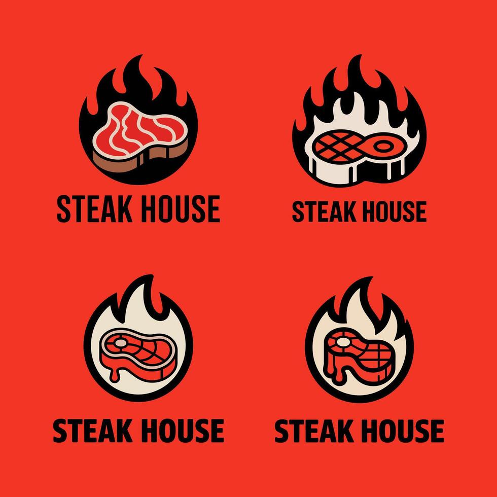 Fiery Steak House Logos with Grilling Meat and Flames - Restaurant and BBQ Branding Elements vector