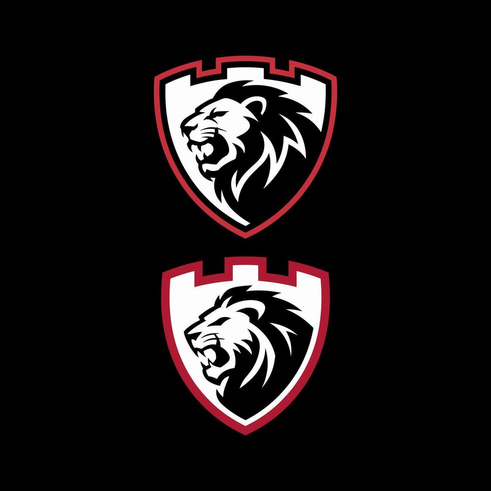 Roaring Lion Head on Royal Castle Shield Emblem in Bold Monochrome and Red vector