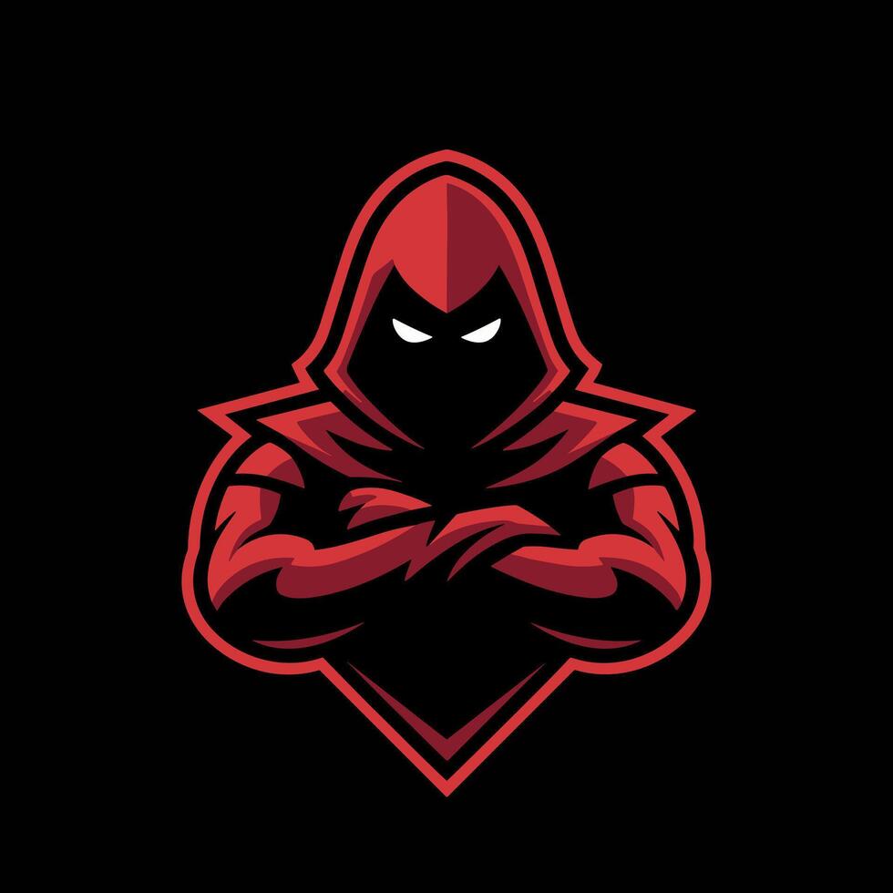 Mysterious Red Hooded Figure with Glowing Eyes and Folded Arms Esport Mascot vector