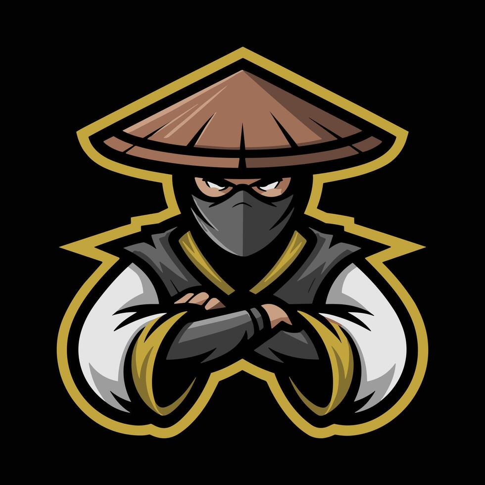 Stoic Ninja Assassin in Traditional Straw Hat with Crossed Arms - Esport Mascot Logo vector