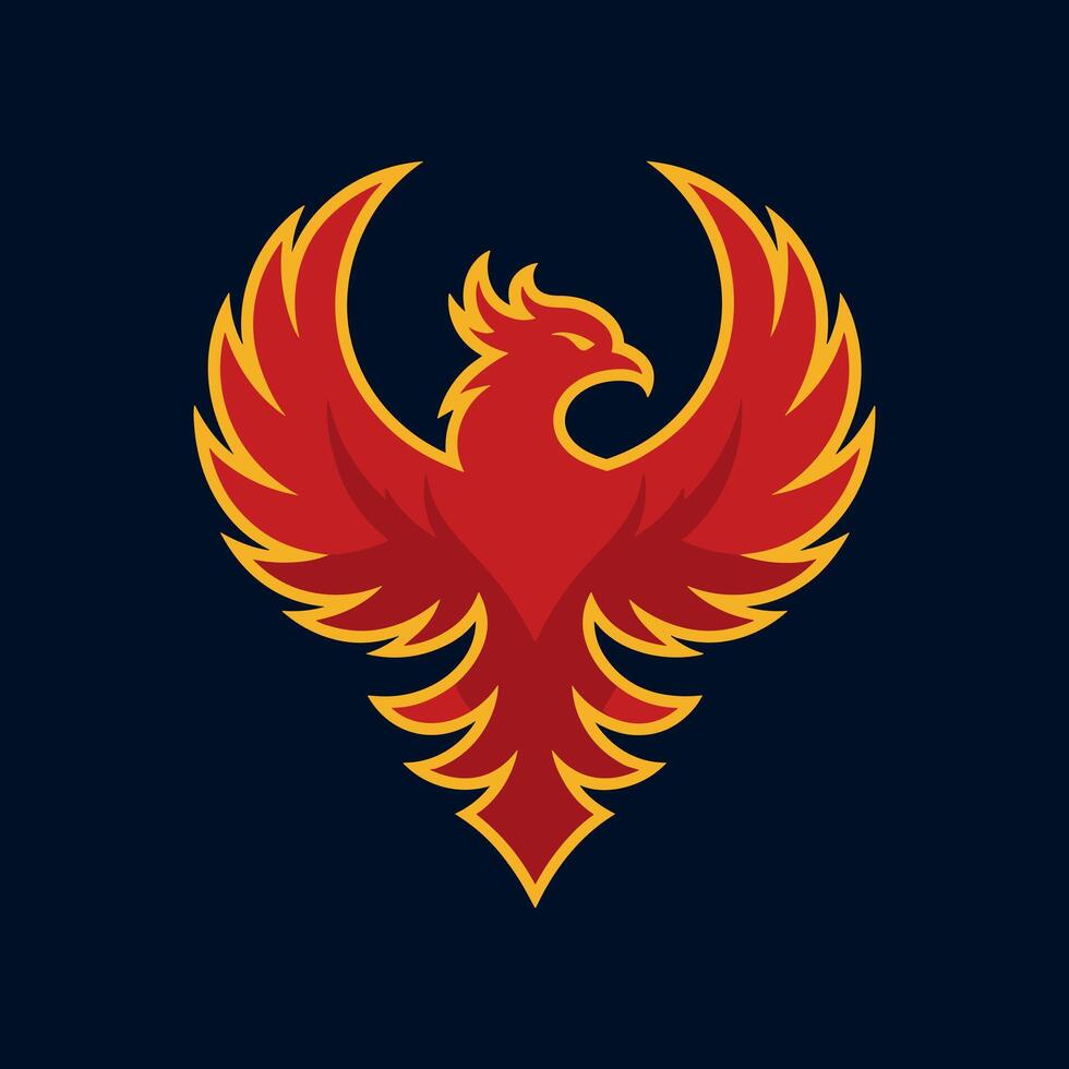 Powerful Red Phoenix Bird Rising Mascot Logo with Golden Outline on Dark Background vector