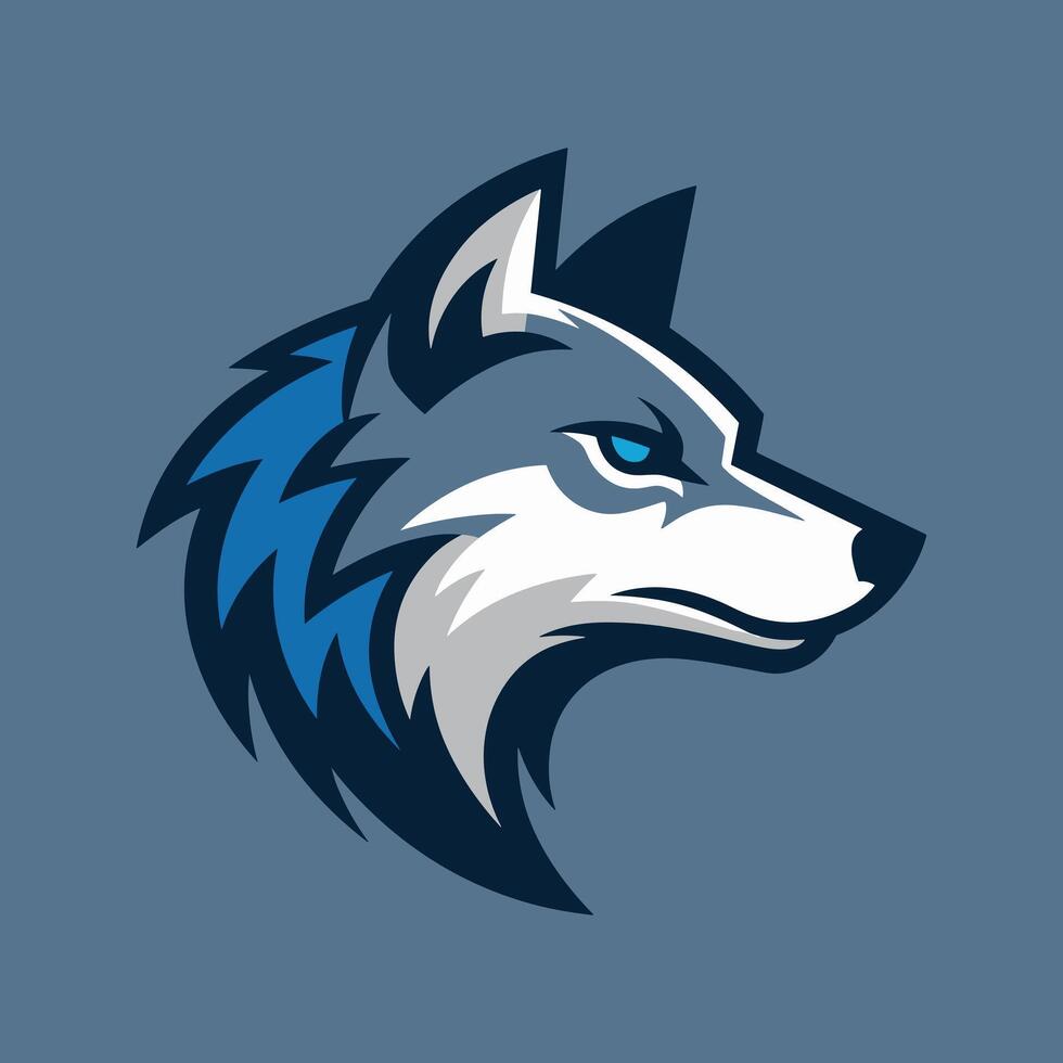 Blue-Eyed Gray Wolf Head Mascot Logo in Profile on a Blue Background vector