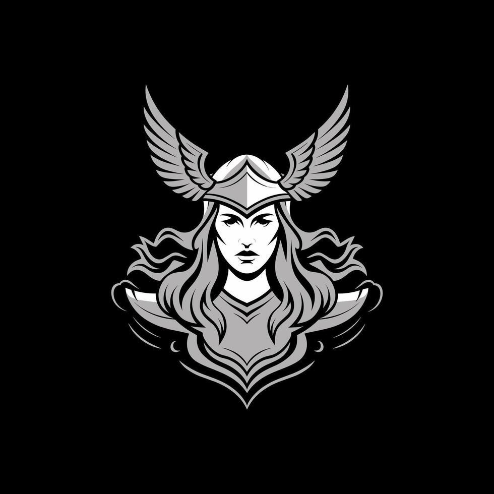 Valkyrie Warrior Woman Mascot Logo in Gray Scale with Wings vector