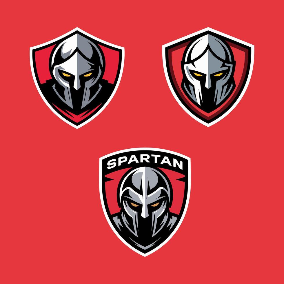 Set of Three Fierce Spartan Warrior Helmet Emblems with Glowing Eyes and Shields vector