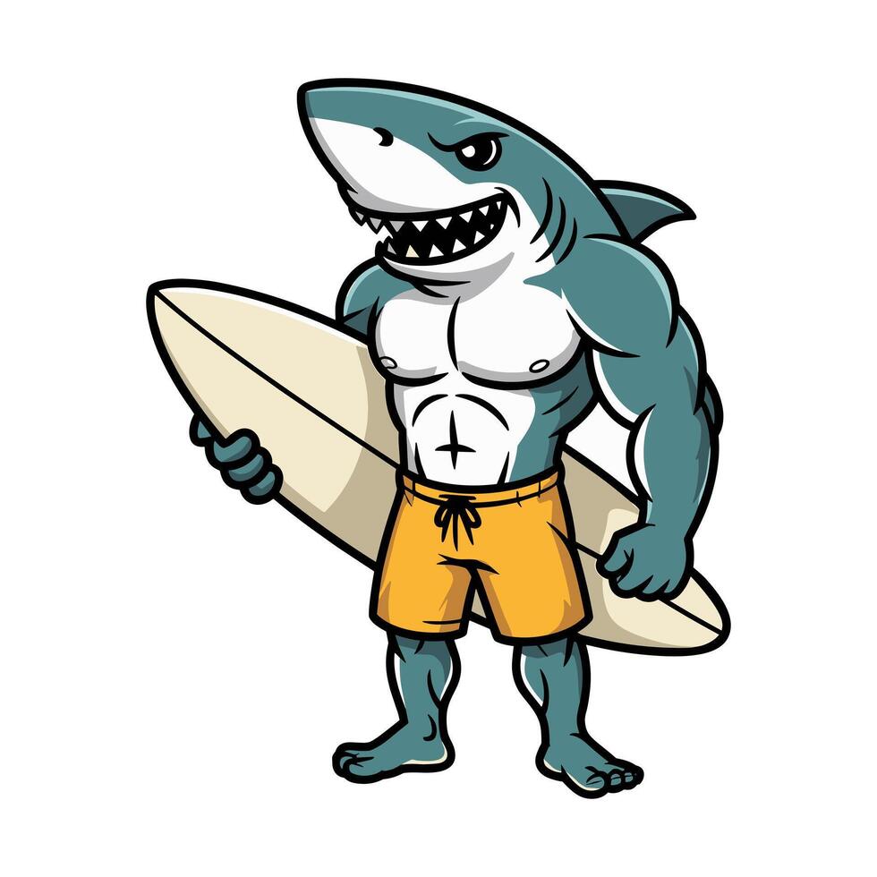 Muscular Cartoon Shark Mascot in Board Shorts Holding a Surfboard Ready for Summer Surfing vector