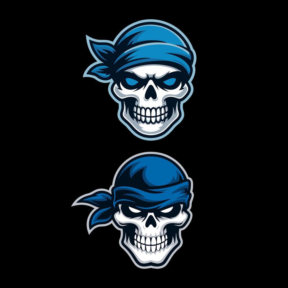 Dual Fierce Skull Mascots with Blue Bandanas and Glowing Eyes on Black Background vector