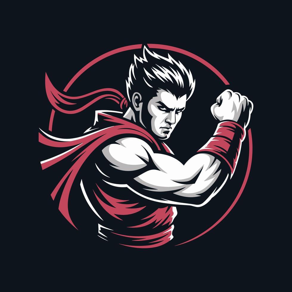 Martial Arts Fighter with Flexed Bicep and Flowing Scarf E-sport Gaming Mascot vector
