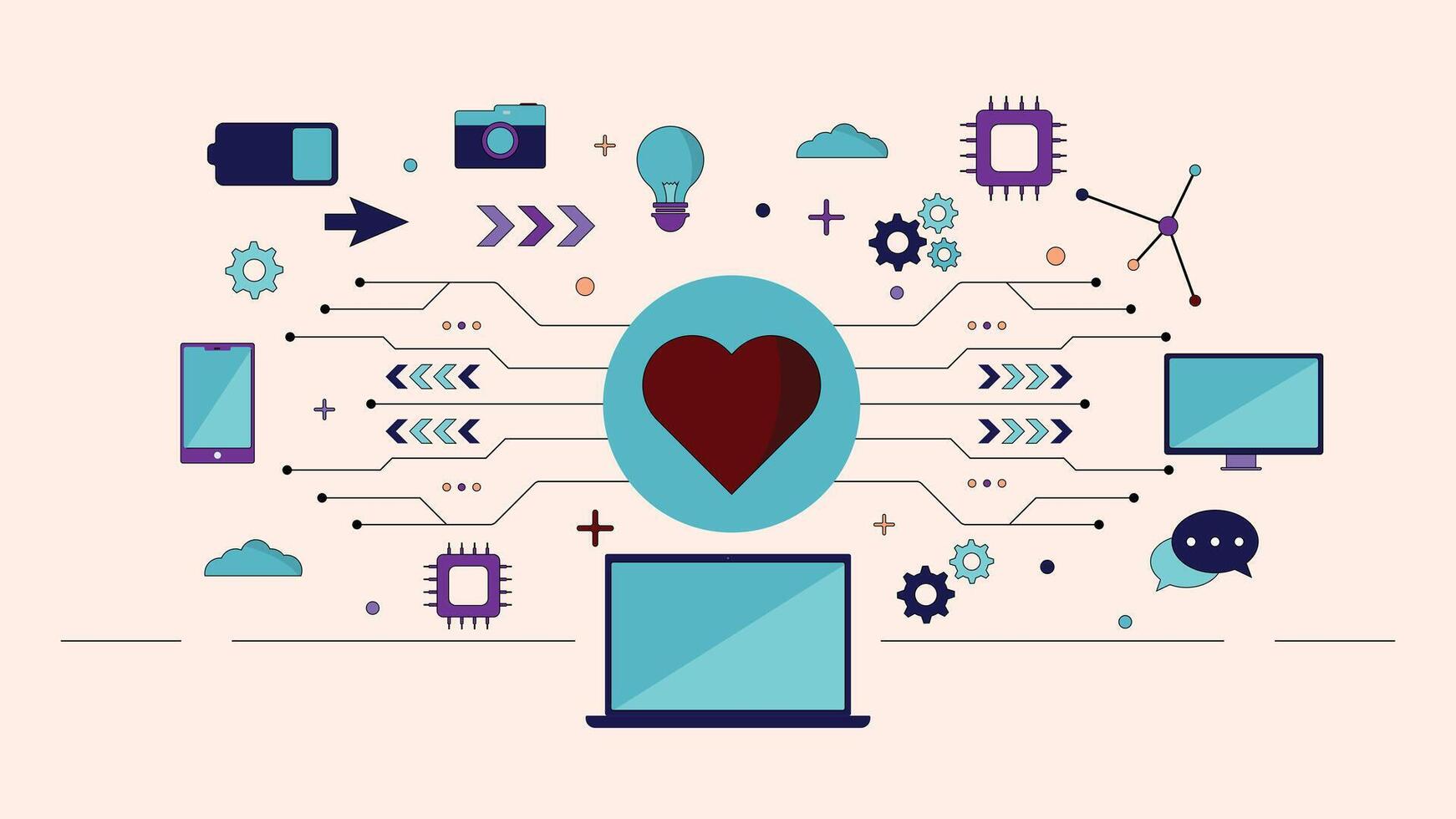 Modern technology background featuring heart symbol, circuits, devices, and tech icons in a clean digital style perfect for web design and creative projects vector