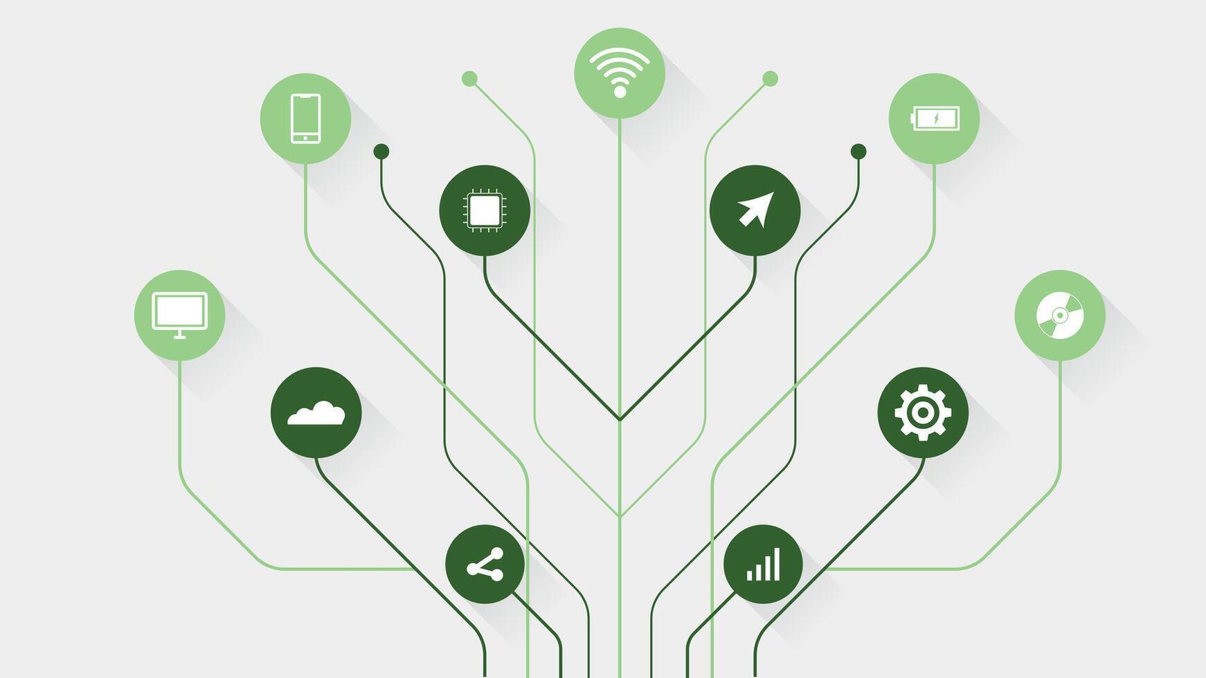 Modern green background featuring digital network lines and technology icons perfect for tech designs and innovation themes vector
