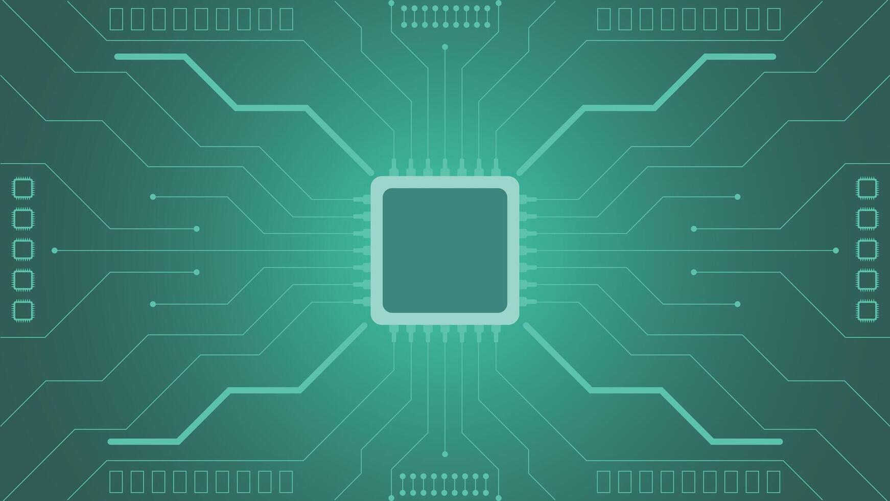 Modern green circuit board background featuring a central microchip and electronic lines perfect for tech digital and innovation designs vector