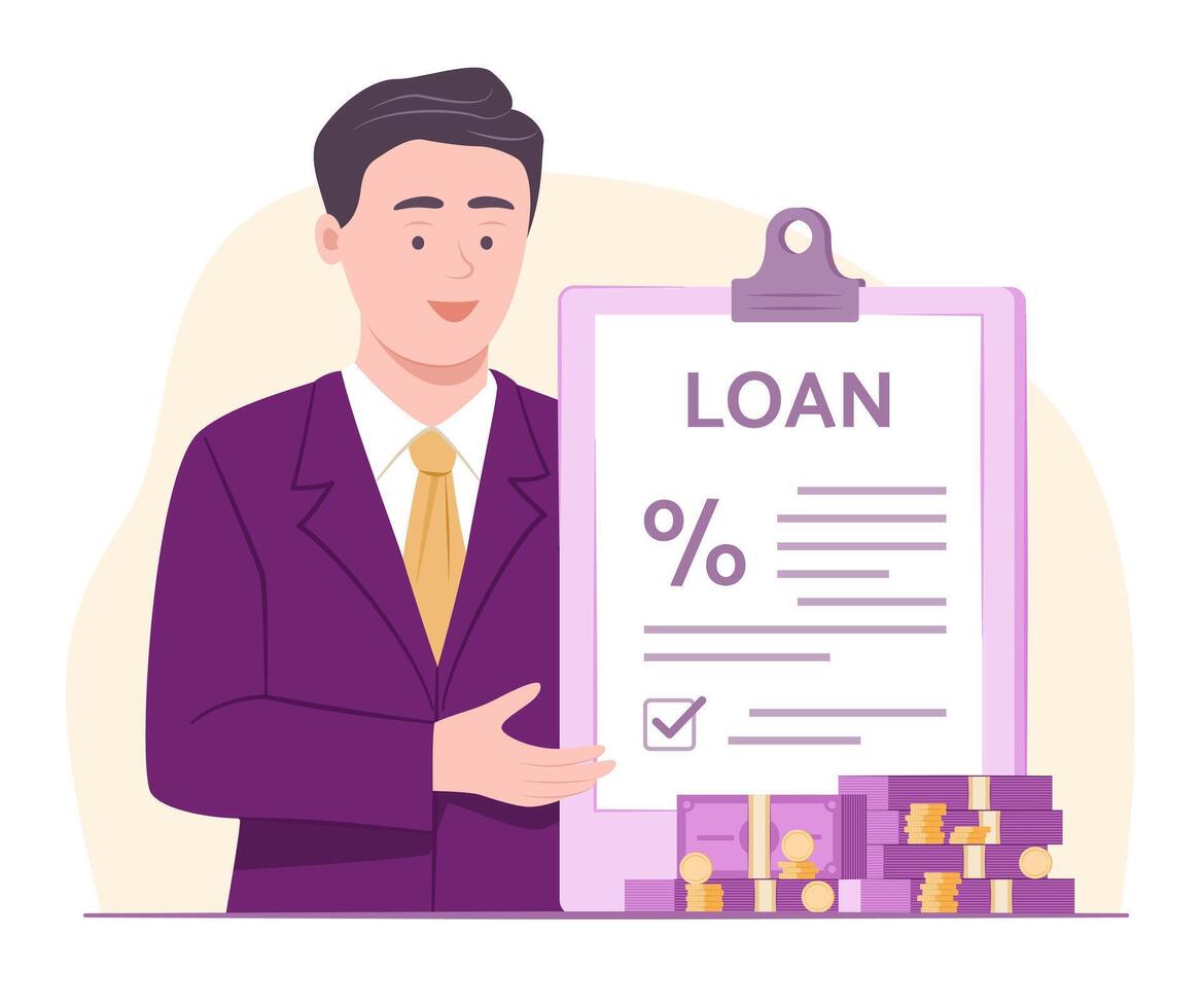 Bank Employee Presents Loan Agreement Document with Stack of Cash Money Bundle for Bank Loan and Financial Concept Illustration vector