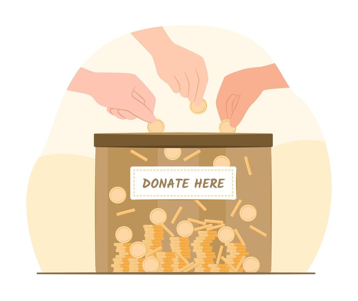Human Hands Donate Money Coins into Donation Box for Charity Donation Concept Illustration Clip Art vector
