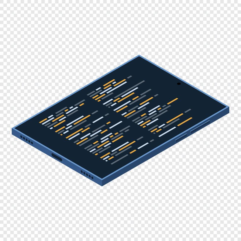 Isometric tablet. Program code on tablet screen. Isometric technology. illustration, vector