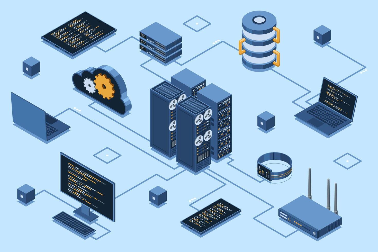 Isometric cloud technology with server. Isometric server and hosting storage technology. Web hosting concept. Isometric technology. vector