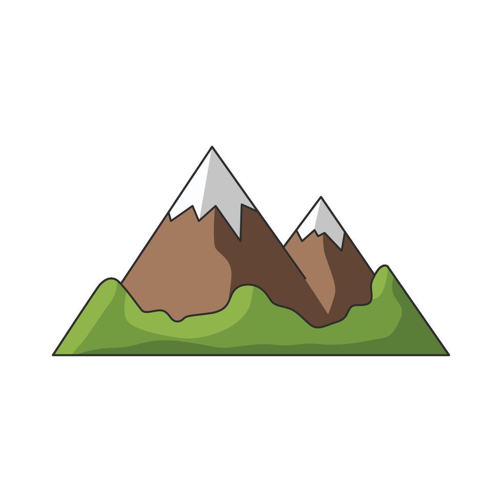 A cartoon icon of two brown mountains with green bases and white caps, symbolizing challenging terrain for cycling. vector
