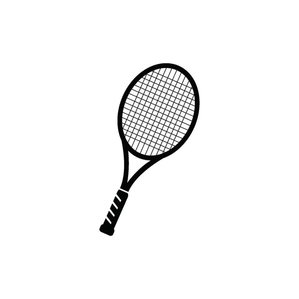 A black silhouette icon of a tennis racket, representing the primary equipment for the sport. vector