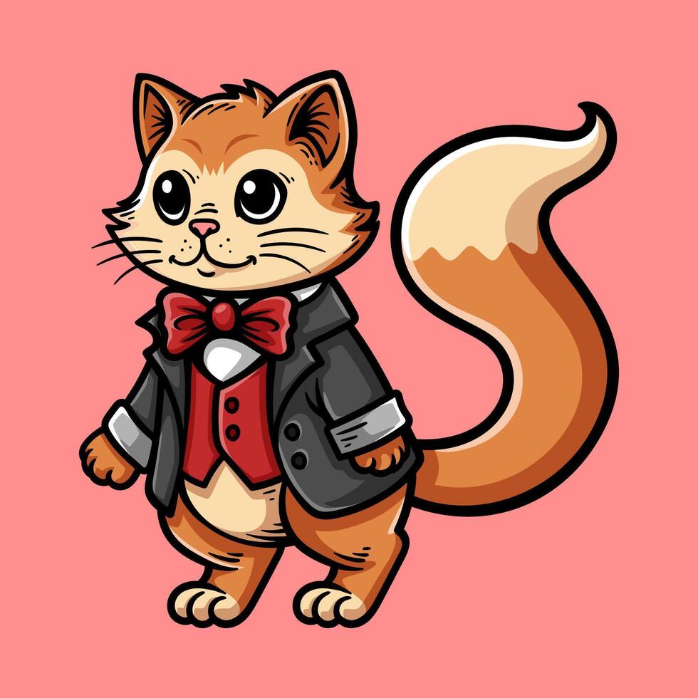 fun cartoon cat in a suit colorful mascot isolated drawing line style sketch classic vintage design illustration vector